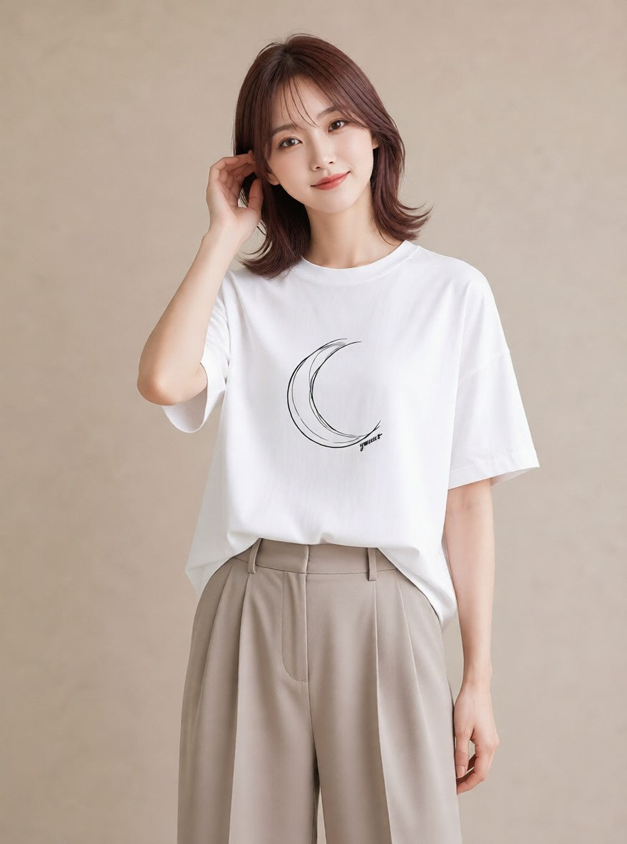 デザインTシャツ レディース 月と星 星空 ムーン イラスト ニュアンス 春コーデ 姉妹 白T