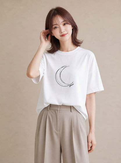 デザインTシャツ レディース 月と星 星空 ムーン イラスト ニュアンス 春コーデ 姉妹 白T