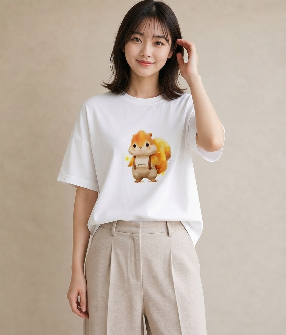 半袖Tシャツ レディース リス ペット 動物 イラスト 線画 ギフト 母の日 白T