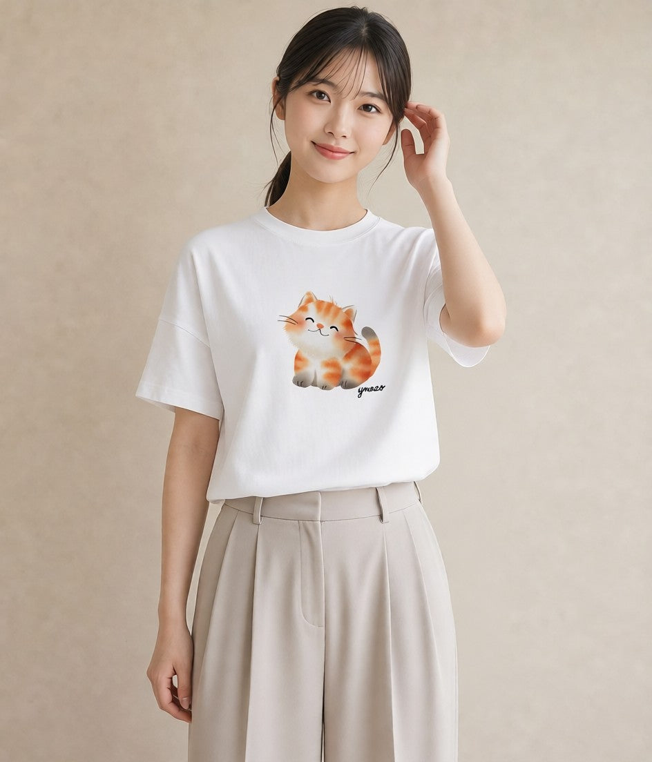 デザインTシャツ レディース おすわり猫 猫 ねこ イラスト ミニマル 帰省 ラフ 白T