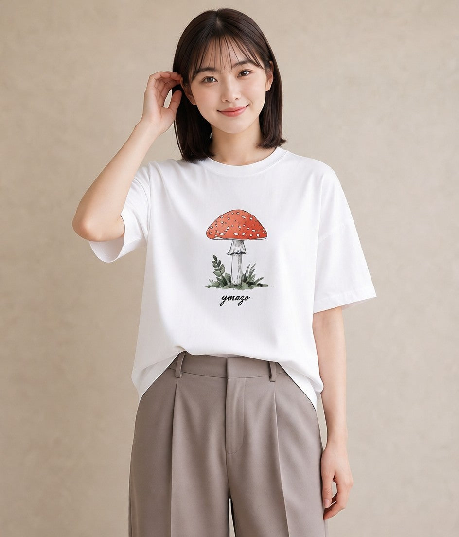 Tシャツ レディース きのこ 植物 ボタニカル イラスト カフェ巡り 女子会 白T