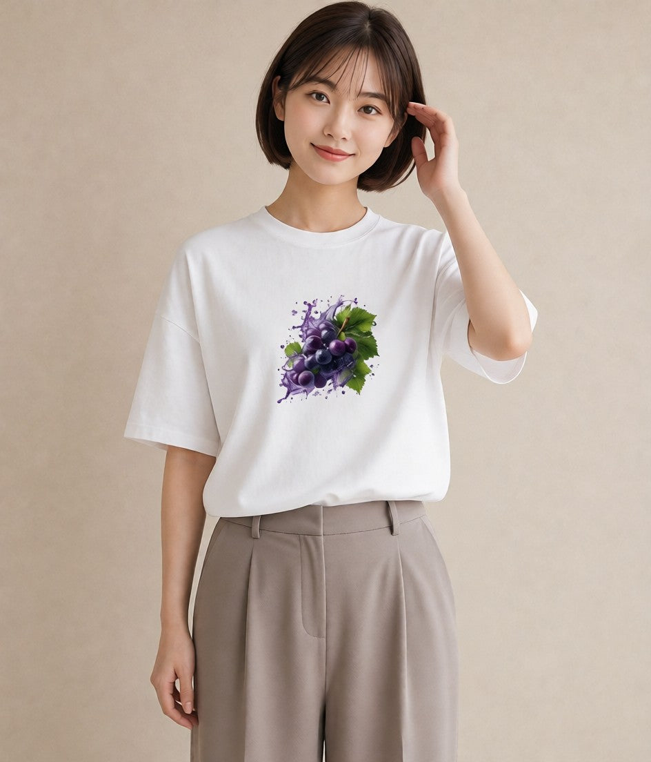 デザインTシャツ レディース ぶどう 葡萄 食べ物 フード イラスト ミニマル カフェ服 クリスマス 白T