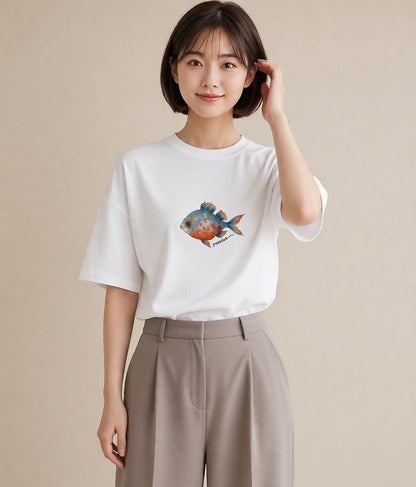プリントTシャツ レディース 熱帯魚 ペット 動物 イラスト ポップ ラフ レイヤード 白T