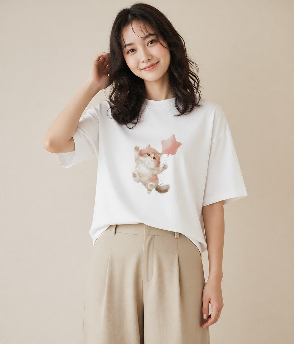 デザインTシャツ レディース ペルシャ 猫 ねこ イラスト カジュアル ビーチ デイリーウェア 白T