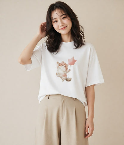 デザインTシャツ レディース ペルシャ 猫 ねこ イラスト カジュアル ビーチ デイリーウェア 白T