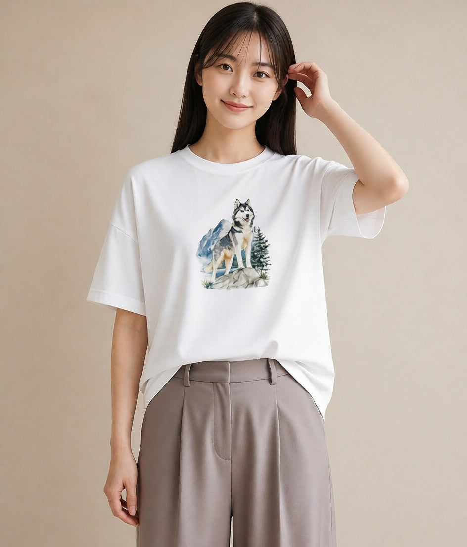 半袖Tシャツ レディース シベリアンハスキー 犬 いぬ イラスト 水彩風 姉妹 送別ギフト 白T