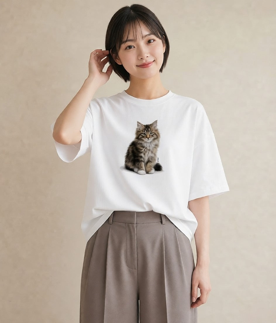 デザインTシャツ レディース メインクーン 猫 ねこ イラスト 上品 ギフト 母の日 白T
