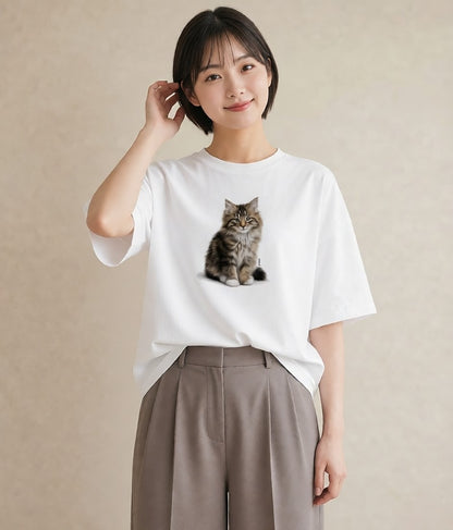デザインTシャツ レディース メインクーン 猫 ねこ イラスト 上品 ギフト 母の日 白T
