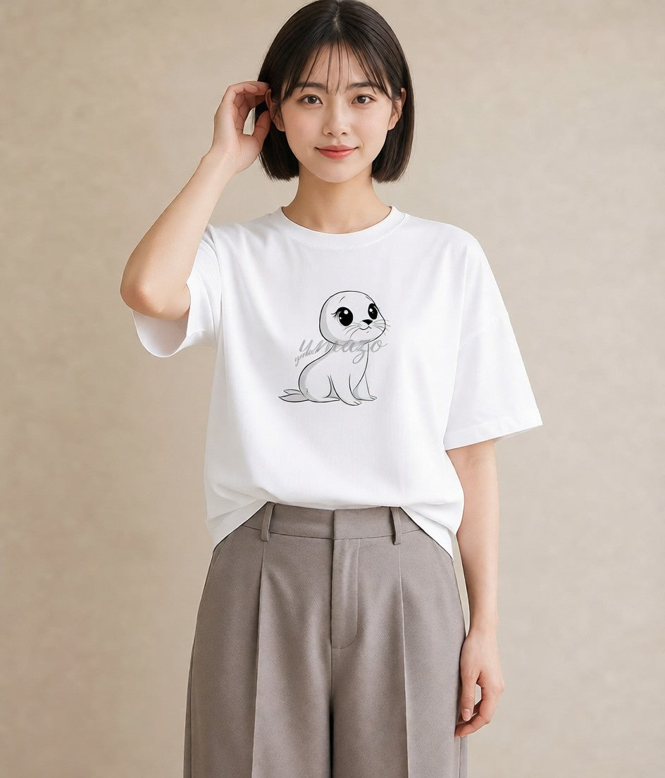 プリントTシャツ レディース ゴマフアザラシ 動物 アニマル イラスト アート風 お揃い 親子 白T