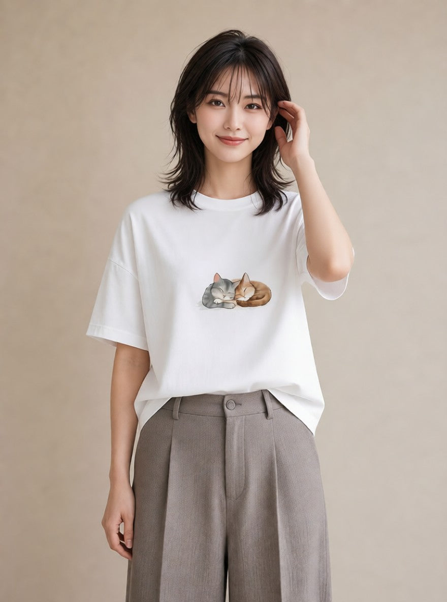 半袖Tシャツ レディース 肉球 猫 ねこ イラスト シンプル ママ カフェ服 白T