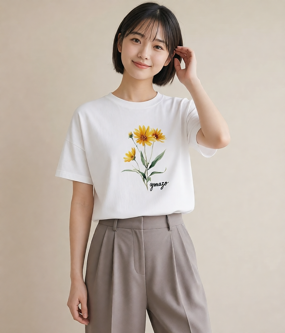 プリントTシャツ レディース ひまわり 向日葵 花 花柄 イラスト 普段使い 休日 ペアコーデ 白T