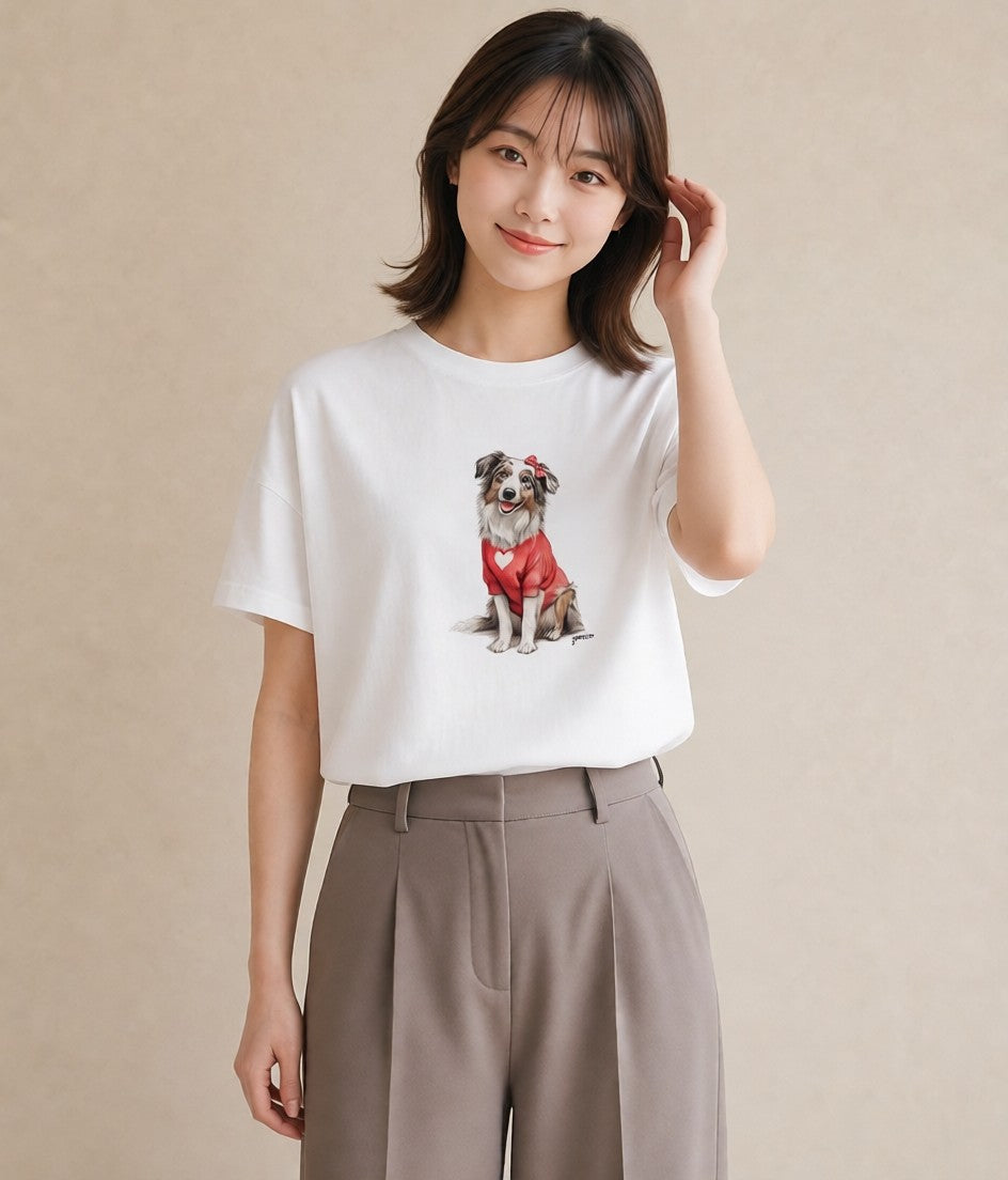 Tシャツ レディース ボーダーコリー 犬 いぬ イラスト ラフ 在宅 公園 白T