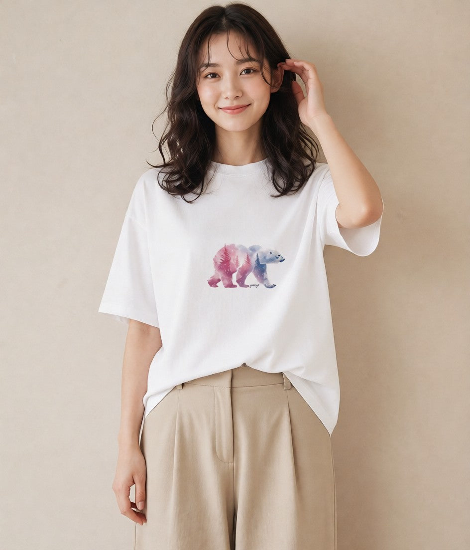 プリントTシャツ レディース オーロラ 星空 宇宙 イラスト 普段使い 散歩 お出かけ 白T