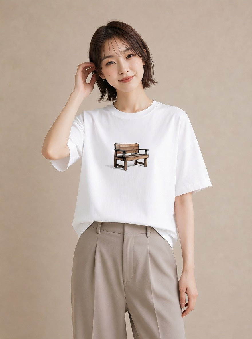 Tシャツ レディース 雨上がりのベンチ ベンチ ナチュラル アンティーク イラスト ポップ 20代 カジュアルコーデ 白T