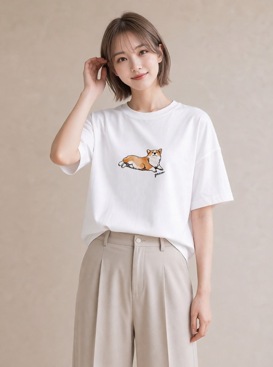 半袖Tシャツ レディース ウェルシュコーギー コーギー 犬 いぬ イラスト お洒落 ホワイトデー 春服 白T