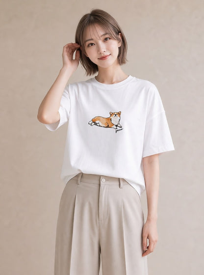 半袖Tシャツ レディース ウェルシュコーギー コーギー 犬 いぬ イラスト お洒落 ホワイトデー 春服 白T