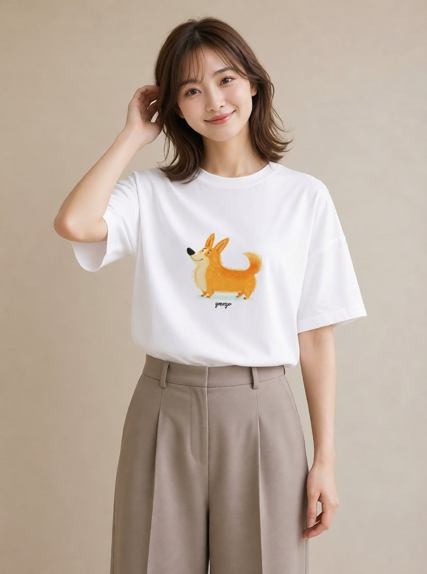 デザインTシャツ レディース ウェルシュコーギー コーギー 犬 いぬ イラスト 休日コーデ 普段着 週末コーデ 白T