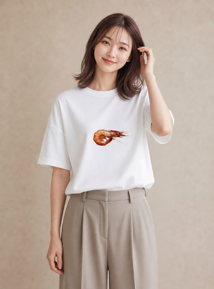 半袖Tシャツ レディース エビ 海の生き物 海 イラスト 水彩風 ビーチ デイリーウェア 白T