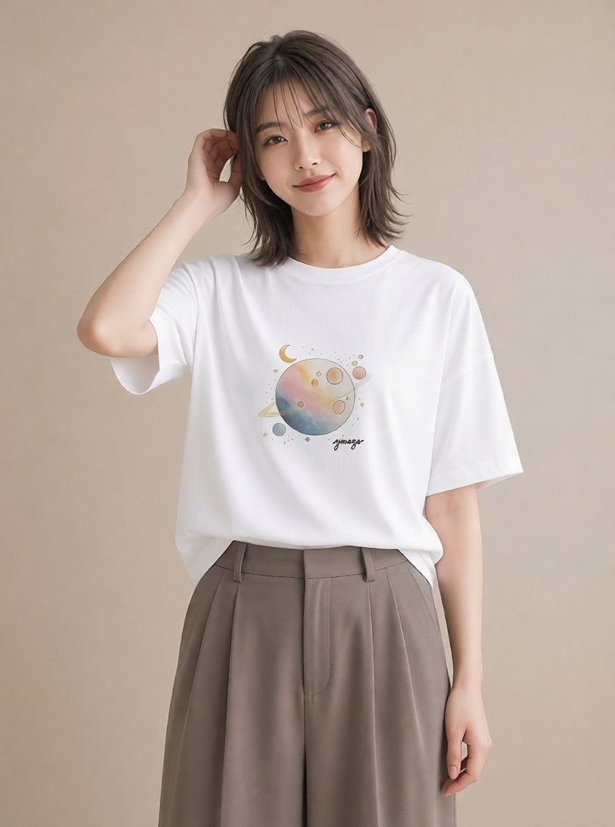 Tシャツ レディース 星 星空 宇宙 イラスト ガーリー ペアコーデ 秋コーデ 白T