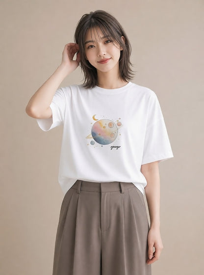 Tシャツ レディース 星 星空 宇宙 イラスト ガーリー ペアコーデ 秋コーデ 白T
