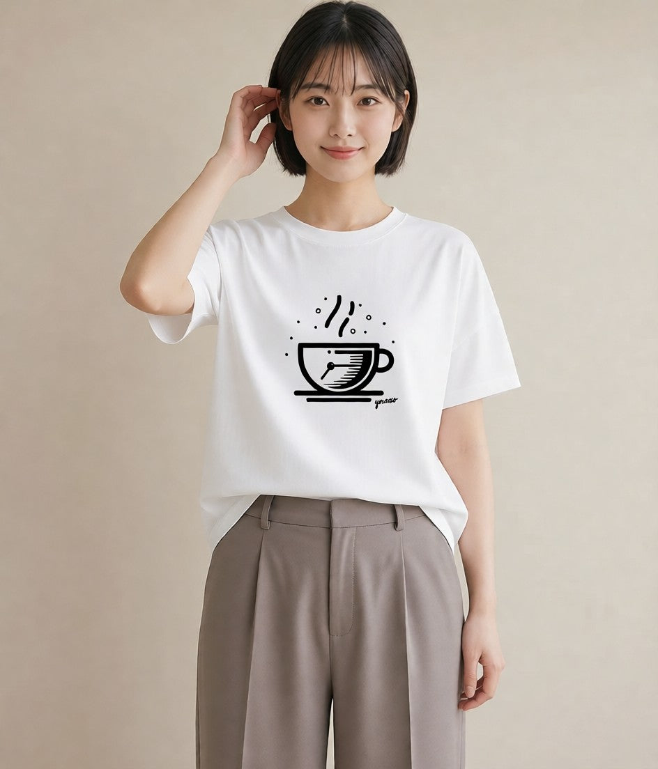 半袖Tシャツ レディース コーヒー カフェ 珈琲 イラスト 手描き風 普段着 週末コーデ 白T