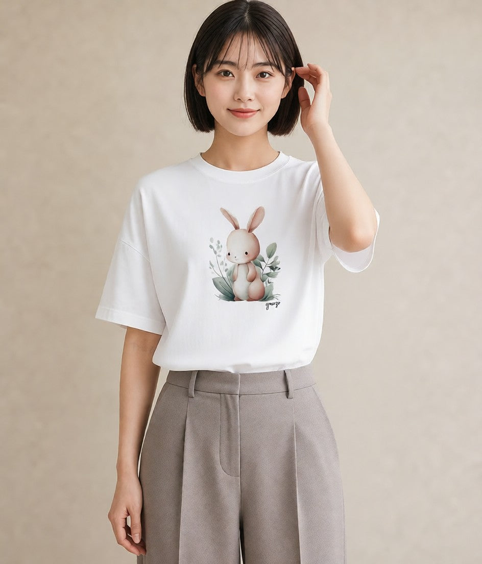 半袖Tシャツ レディース ミニうさぎ ペット 動物 イラスト フェミニン 公園 ママ 白T