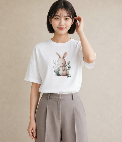 半袖Tシャツ レディース ミニうさぎ ペット 動物 イラスト フェミニン 公園 ママ 白T