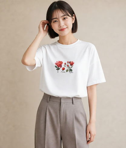 グラフィックTシャツ レディース バラ 薔薇 ローズ 花 花柄 イラスト 休日コーデ 春コーデ 姉妹 白T