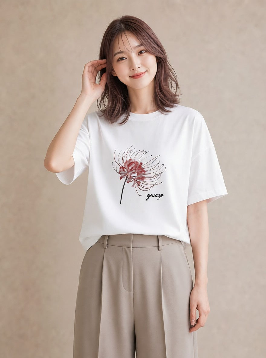 グラフィックTシャツ レディース 彼岸花 花 花柄 イラスト 抜け感 敬老の日 ホワイトデー 白T