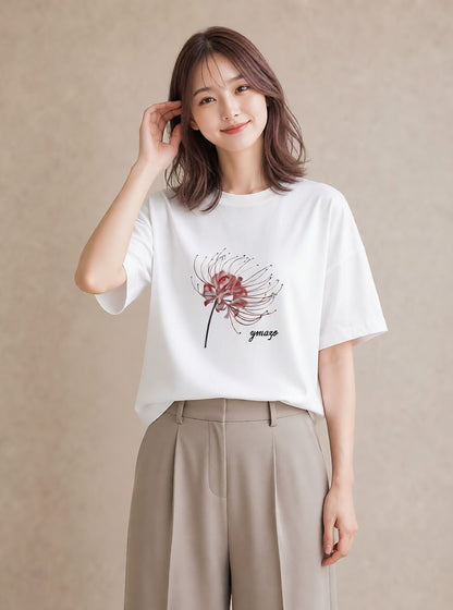 グラフィックTシャツ レディース 彼岸花 花 花柄 イラスト 抜け感 敬老の日 ホワイトデー 白T