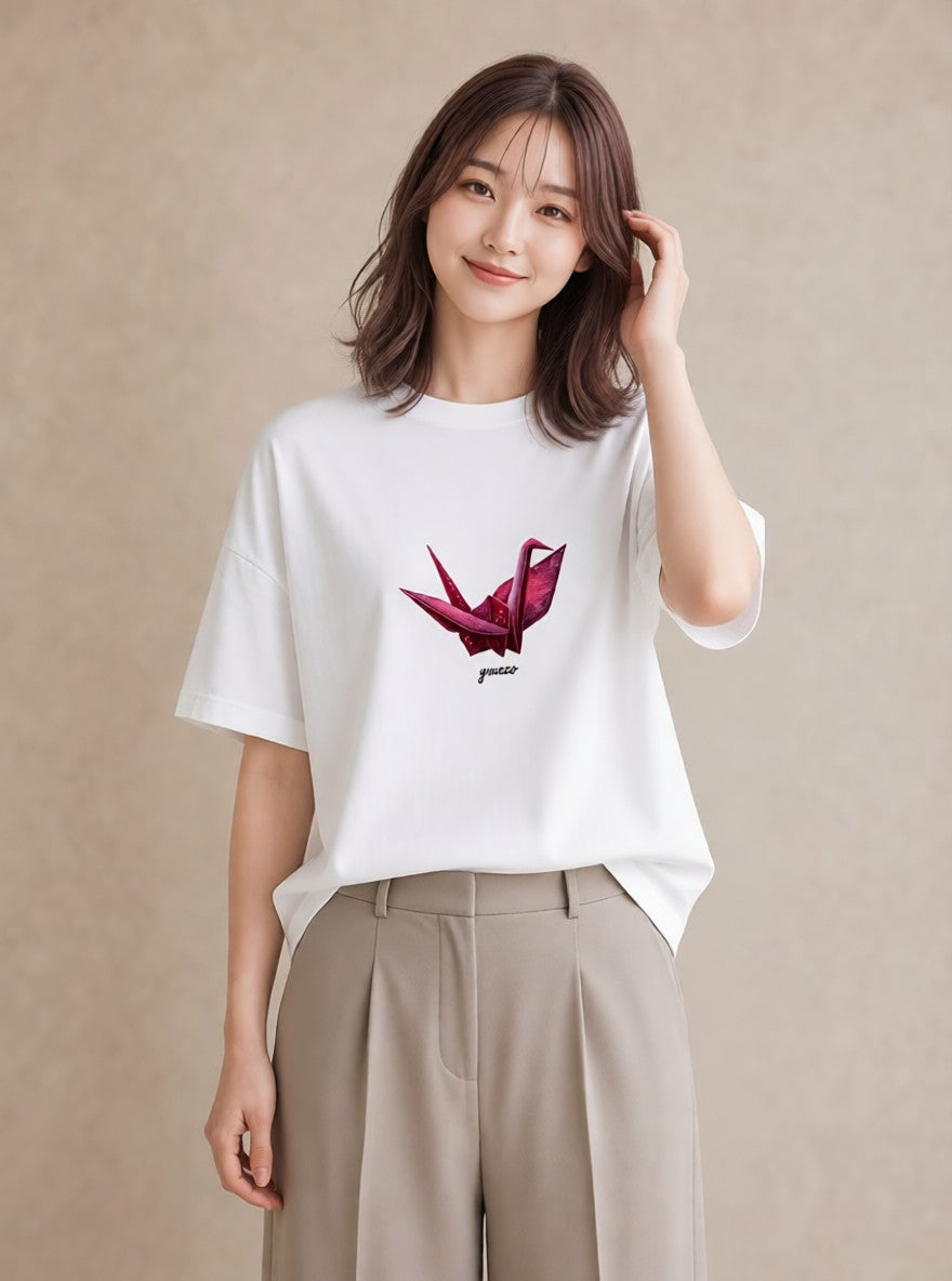 プリントTシャツ レディース 折り鶴 折り紙 ナチュラル アンティーク イラスト 淡色 ルームウェア ギフト 白T