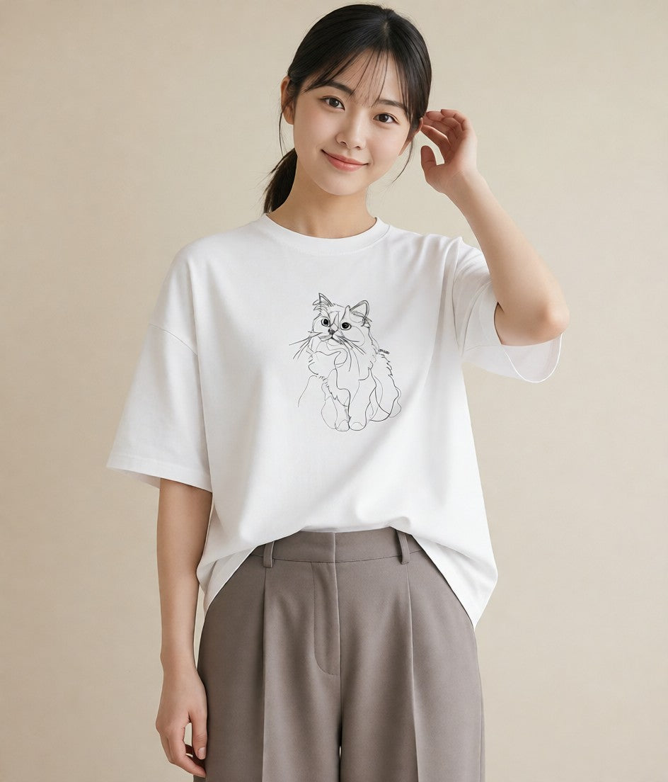 半袖Tシャツ レディース 猫 ねこ ネコ イラスト ポップ 買い物 夏コーデ 白T