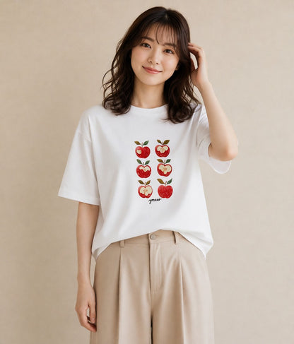 半袖Tシャツ レディース りんご 林檎 アップル 食べ物 フード イラスト アート風 休日 ペアコーデ 白T