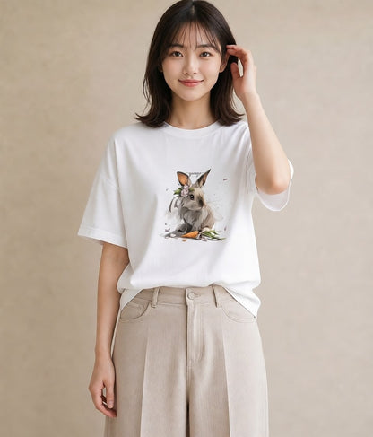 半袖Tシャツ レディース ネザーランドドワーフ ペット 動物 イラスト シンプル 友達ギフト 部屋着 白T
