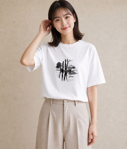 半袖Tシャツ レディース 小川 橋 せせらぎ ナチュラル アンティーク イラスト きれいめカジュアル 海 カフェ巡り 白T
