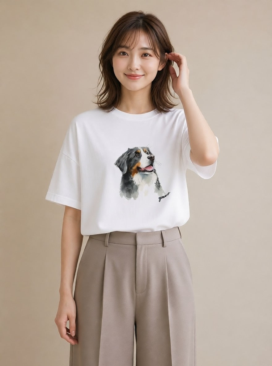 半袖Tシャツ レディース バーニーズマウンテンドッグ 犬 いぬ イラスト ユニーク 買い物 夏コーデ 白T
