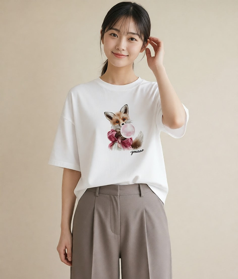 プリントTシャツ レディース きつね 動物 アニマル イラスト ユニーク お出かけ 普段着 白T