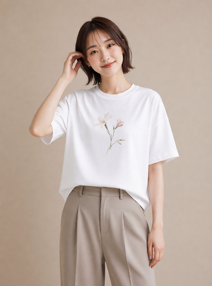 グラフィックTシャツ レディース カスミソウ かすみ草 花 花柄 イラスト アート風 20代 カジュアルコーデ 白T
