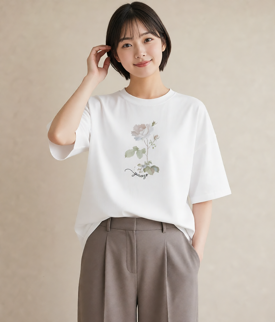 半袖Tシャツ レディース バラ 薔薇 ローズ 花 花柄 イラスト 可愛い デイリーウェア 休日 白T