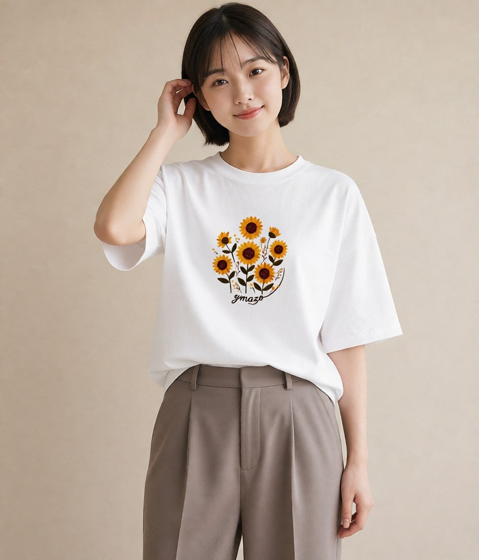 半袖Tシャツ レディース ひまわり 向日葵 花 花柄 イラスト ニュアンス 20代 カジュアルコーデ 白T