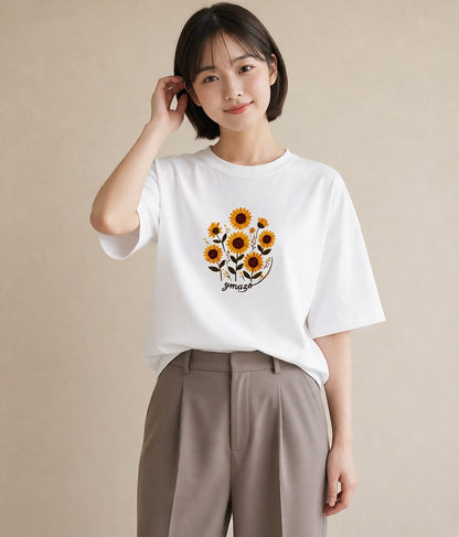 半袖Tシャツ レディース ひまわり 向日葵 花 花柄 イラスト ニュアンス 20代 カジュアルコーデ 白T