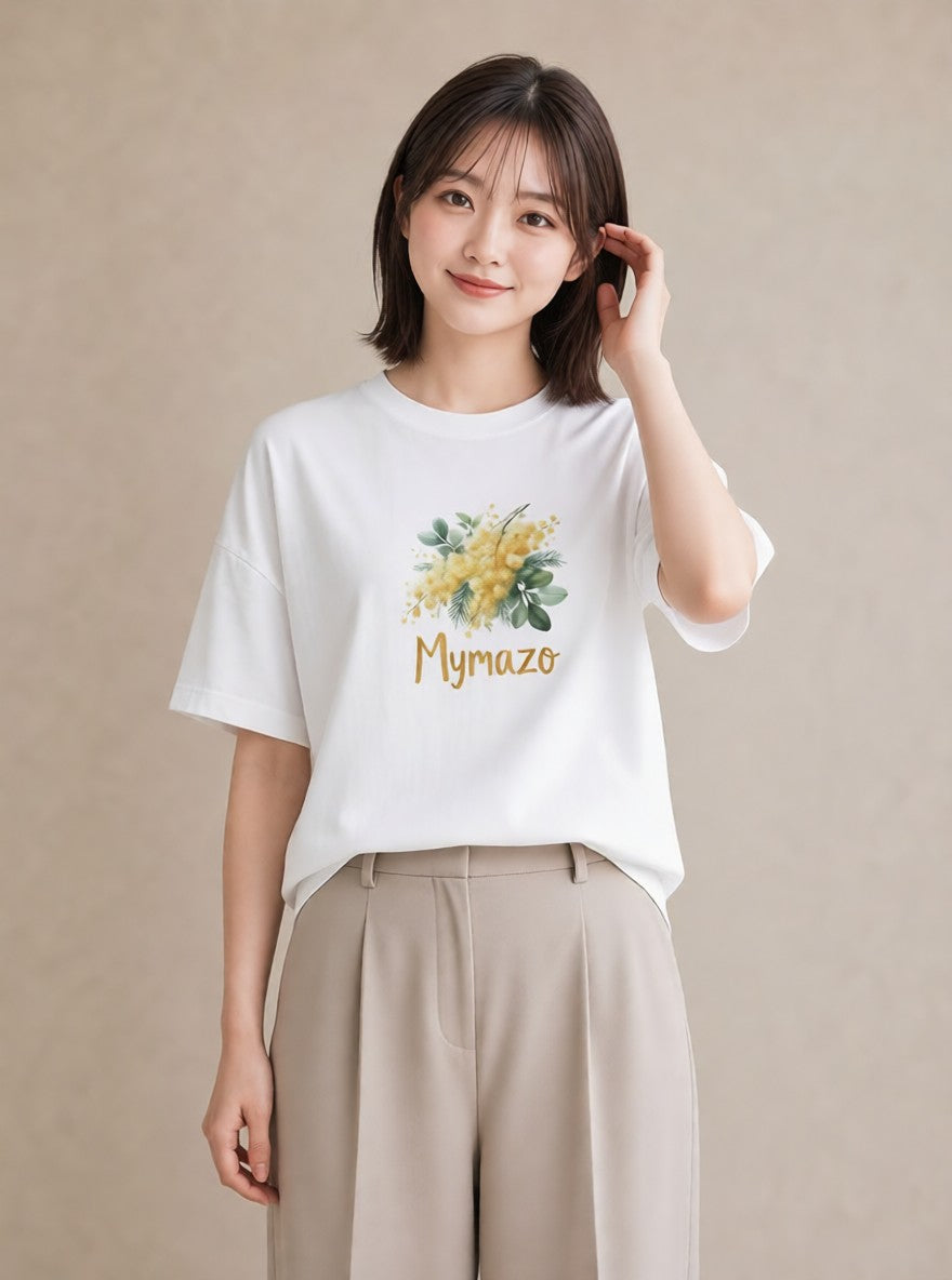 半袖Tシャツ レディース ミモザ 花 花柄 イラスト きれいめ 送別ギフト 通勤 白T