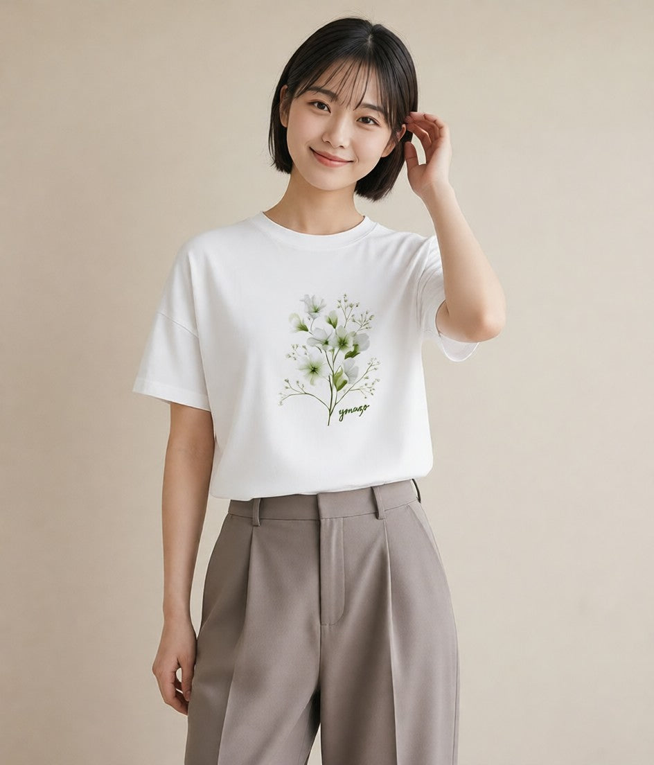 グラフィックTシャツ レディース カスミソウ かすみ草 花 花柄 イラスト 手描き風 お出かけ 普段着 白T