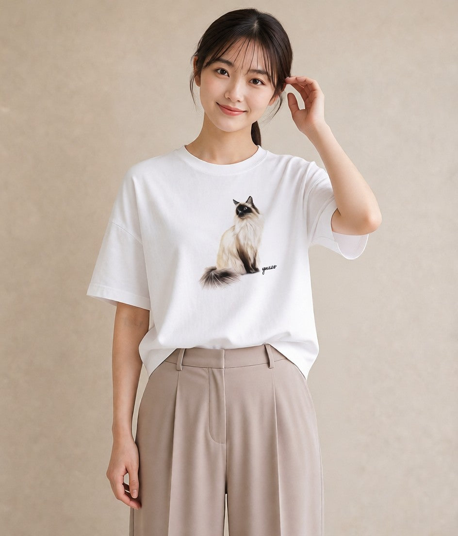 グラフィックTシャツ レディース エキゾチックショートヘア 猫 ねこ イラスト ニュアンス レイヤード 友達ギフト 白T