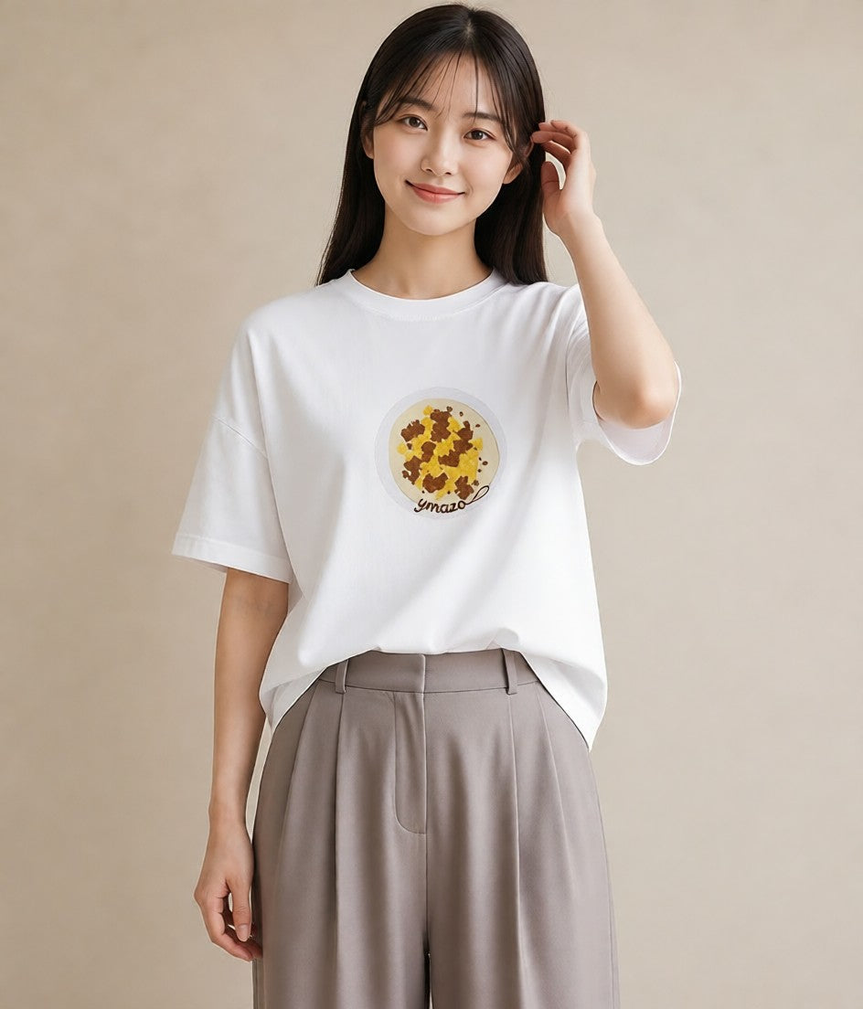 グラフィックTシャツ レディース 目玉焼き 食べ物 フード イラスト アート風 ミセス 春コーデ 白T