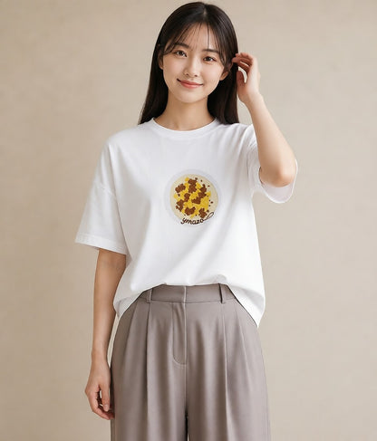 グラフィックTシャツ レディース 目玉焼き 食べ物 フード イラスト アート風 ミセス 春コーデ 白T