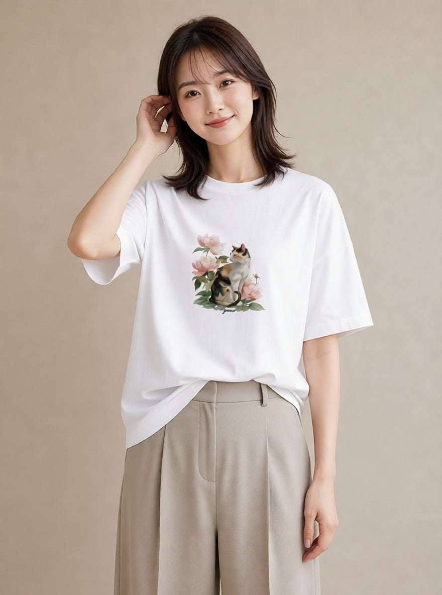 デザインTシャツ レディース 愛猫 猫 ねこ イラスト 線画 おしゃれギフト 社会人 白T