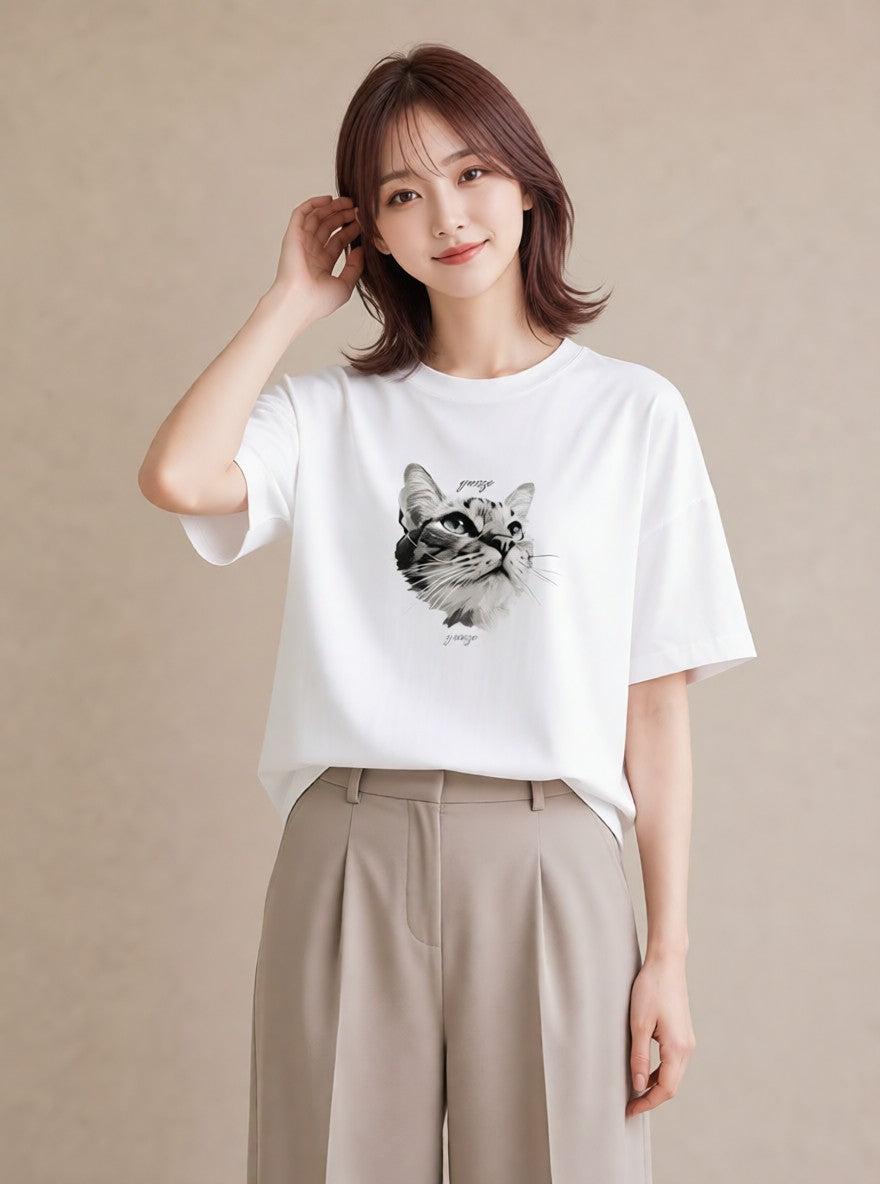 プリントTシャツ レディース 猫 ねこ イラスト ユニーク レイヤード 友達ギフト 白T