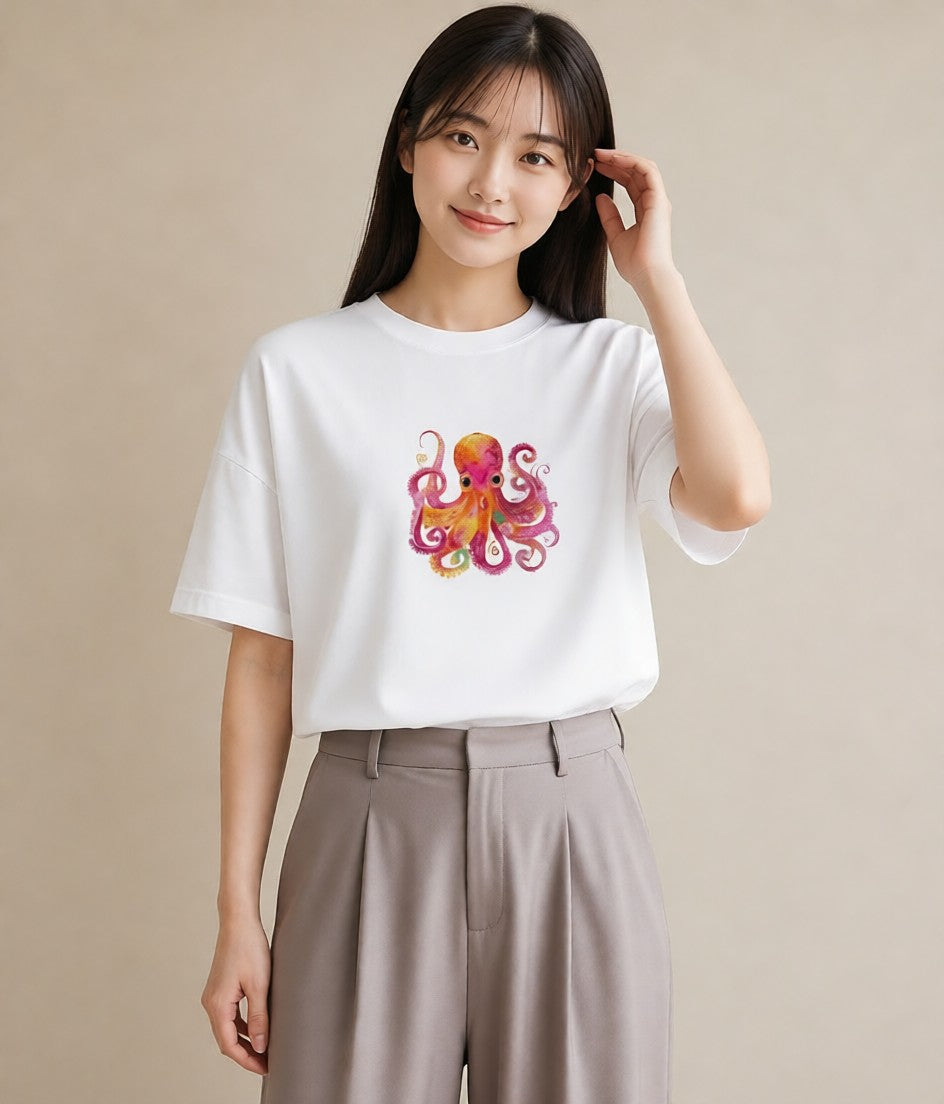 Tシャツ レディース タコ 海の生き物 海 イラスト フェミニン 自分用 ルームウェア 白T