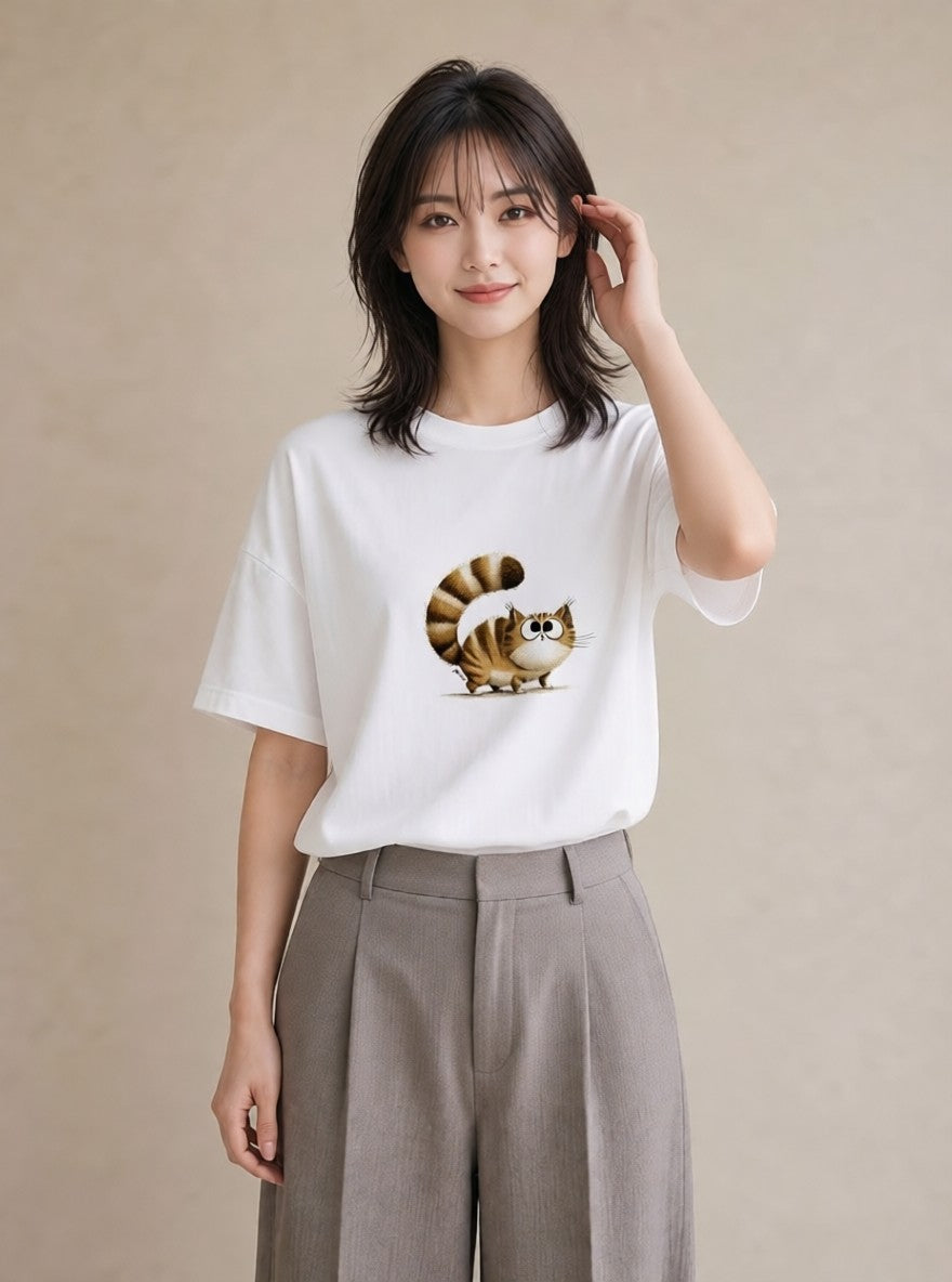 半袖Tシャツ レディース キジトラ 猫 ねこ イラスト ヴィンテージ風 海 カフェ巡り 白T